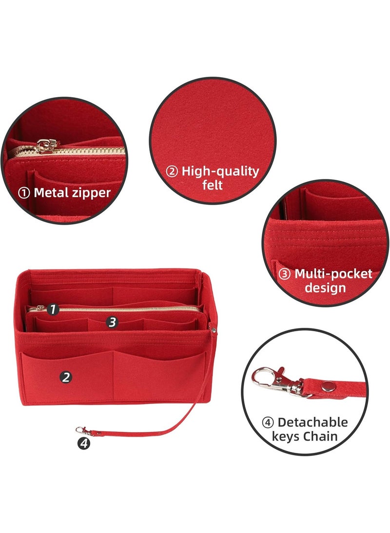 FAYET Large Felt Purse Organizer Insert with Zipper, Multi-Compartment Handbag Makeup Organizer, Travel Toiletry Storage Bag for Women(Red) - Image 2